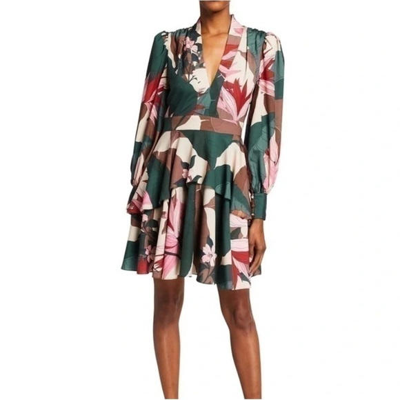 One 33 Social Dresses & Skirts - One 33 Social Green Tropical Floral Blouson-Sleeve Tiered Dress 6